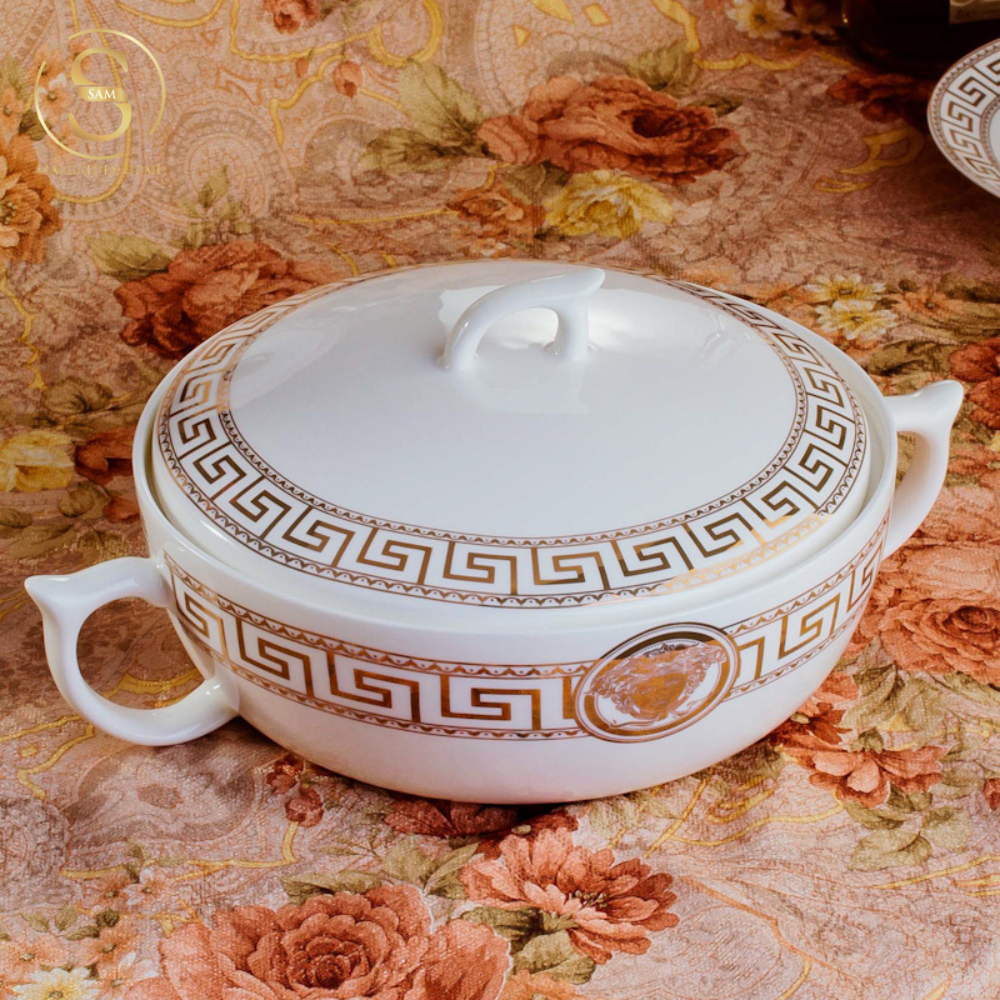 Bộ Tô Chén Đĩa V Luxury Sứ Xương Cao Cấp Viền Vàng Quà Tặng Tân Gia Sang Trọng
