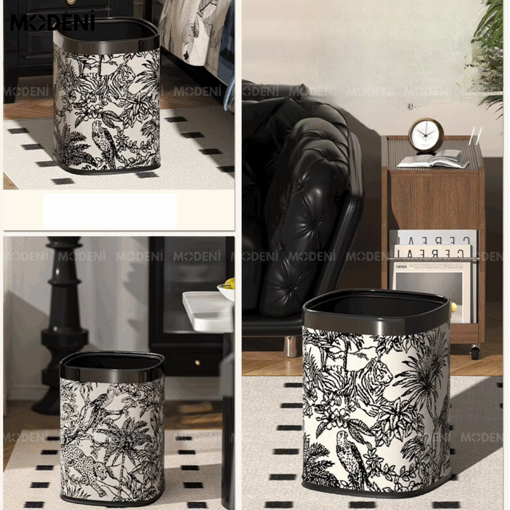 Thùng Rác Edward Đen – Thùng Rác Decor Hiện Đại – Họa Tiết Nhiệt Đới Tinh Tế – Dung Tích 12L, Phù Hợp Phòng Khách/Phòng Làm Việc