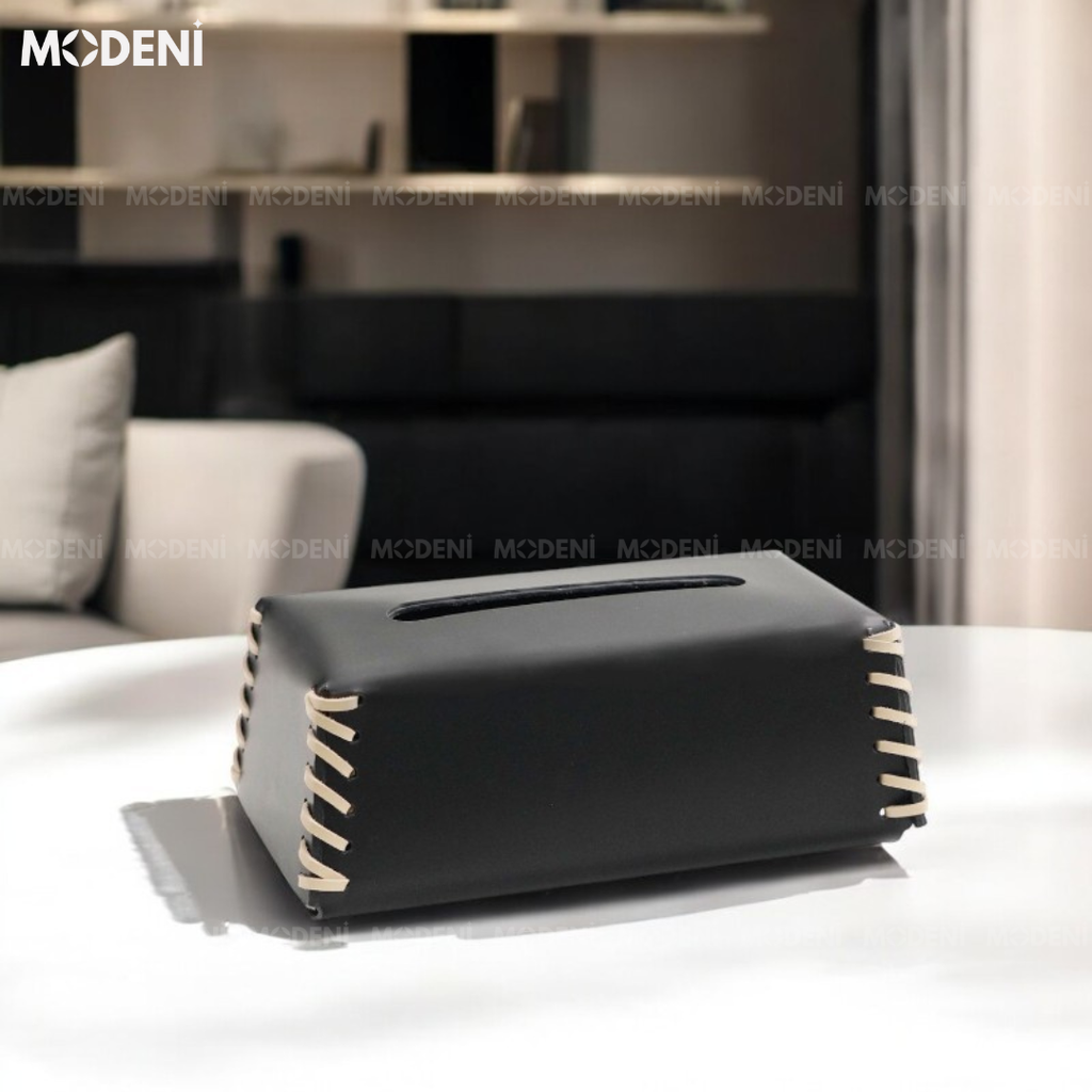 Hộp Khăn Giấy Da Nomi Cao Cấp – Thiết Kế Đen Phối Dây Khâu Thủ Công – Decor Bàn Sofa, Làm Việc, Nhà Ở Hiện Đại