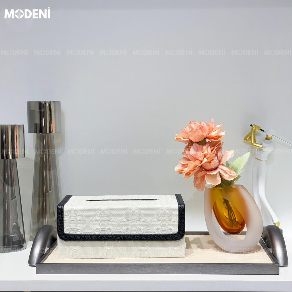 Khay Chữ Nhật Clitus Trắng – Khay Decor Sang Trọng Hiện Đại – Phối Vân Nổi Chống Thấm, Tay Cầm Mạ Kim Sáng Bóng – Phù Hợp Trang Trí Bàn Sofa, Console, Quầy Bar