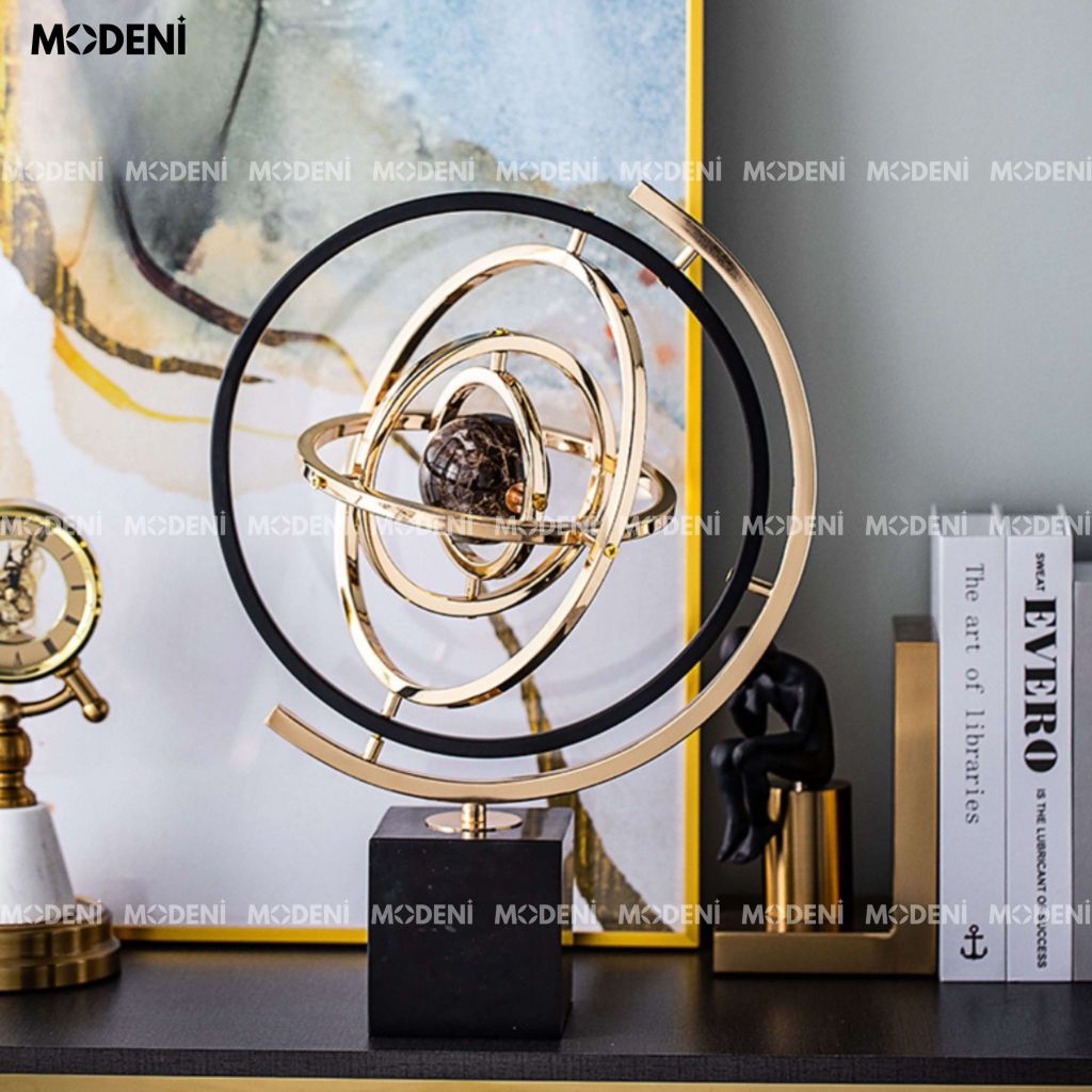 Tượng Cầu Meliora Nhỏ Đế Đá Cẩm Thạch Tự Nhiên Cao Cấp – Vòng Xoắn Quỹ Đạo Nghệ Thuật – Decor Hiện Đại Sang Trọng