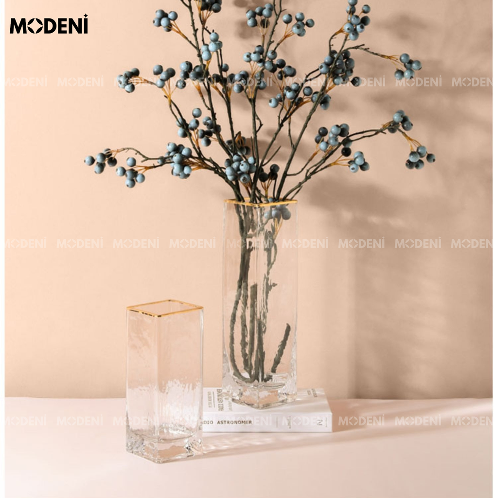 Bình Hoa Thủy Tinh Gleam Cube Cao Cấp – Hình Trụ Vuông Trong Suốt – Viền Vàng Sang Trọng Dành Cho Bàn Console