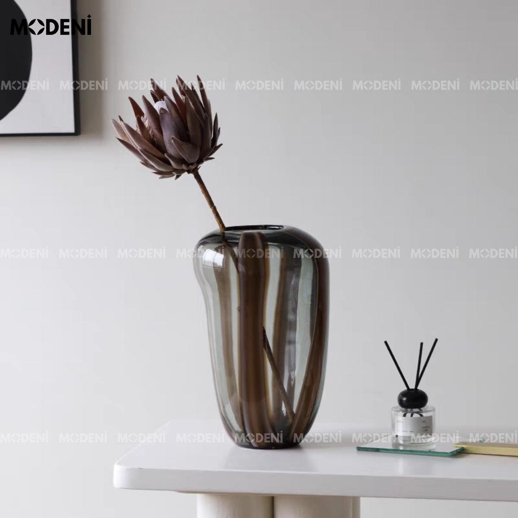 Bình Hoa Thủy Tinh Nghệ Thuật Aurora Noir – Lọ Trang Trí Cao Cấp Phối Vân Đen Nâu – Kích Thước 34x22cm & 27.3x19.3cm – Phù Hợp Decor Bàn Console, Kệ Tủ Sang Trọng