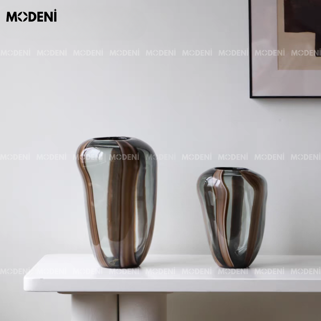 Bình Hoa Thủy Tinh Nghệ Thuật Aurora Noir – Lọ Trang Trí Cao Cấp Phối Vân Đen Nâu – Kích Thước 34x22cm & 27.3x19.3cm – Phù Hợp Decor Bàn Console, Kệ Tủ Sang Trọng