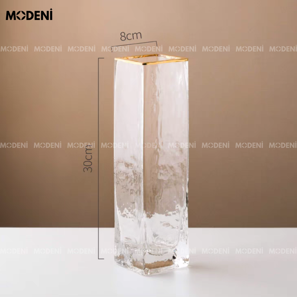 Bình Hoa Thủy Tinh Gleam Cube Cao Cấp – Hình Trụ Vuông Trong Suốt – Viền Vàng Sang Trọng Dành Cho Bàn Console