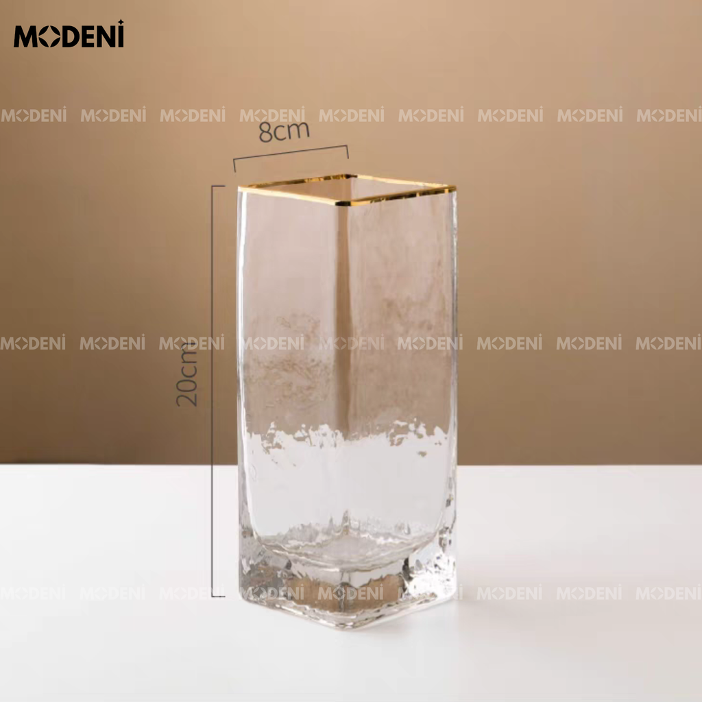 Bình Hoa Thủy Tinh Gleam Cube Cao Cấp – Hình Trụ Vuông Trong Suốt – Viền Vàng Sang Trọng Dành Cho Bàn Console