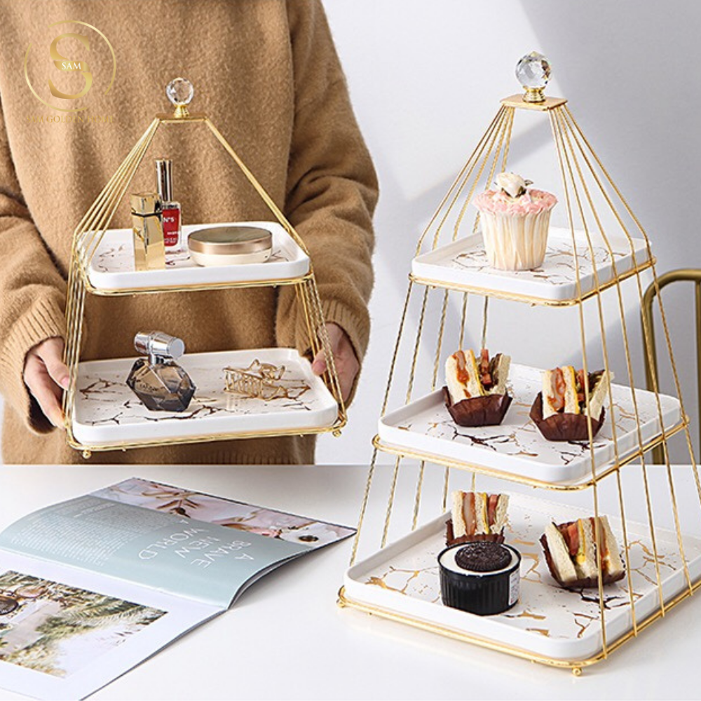 Khay 3 Tầng Bondine – Khung Vàng Đĩa Trắng Marble Sang Trọng, Decor Tiệc Trà Châu Âu