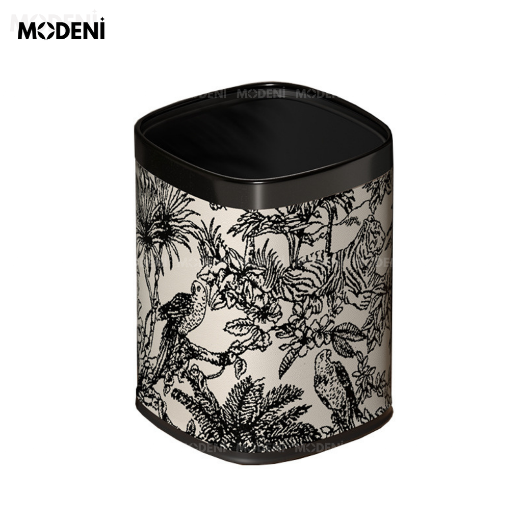 Thùng Rác Edward Đen – Thùng Rác Decor Hiện Đại – Họa Tiết Nhiệt Đới Tinh Tế – Dung Tích 12L, Phù Hợp Phòng Khách/Phòng Làm Việc
