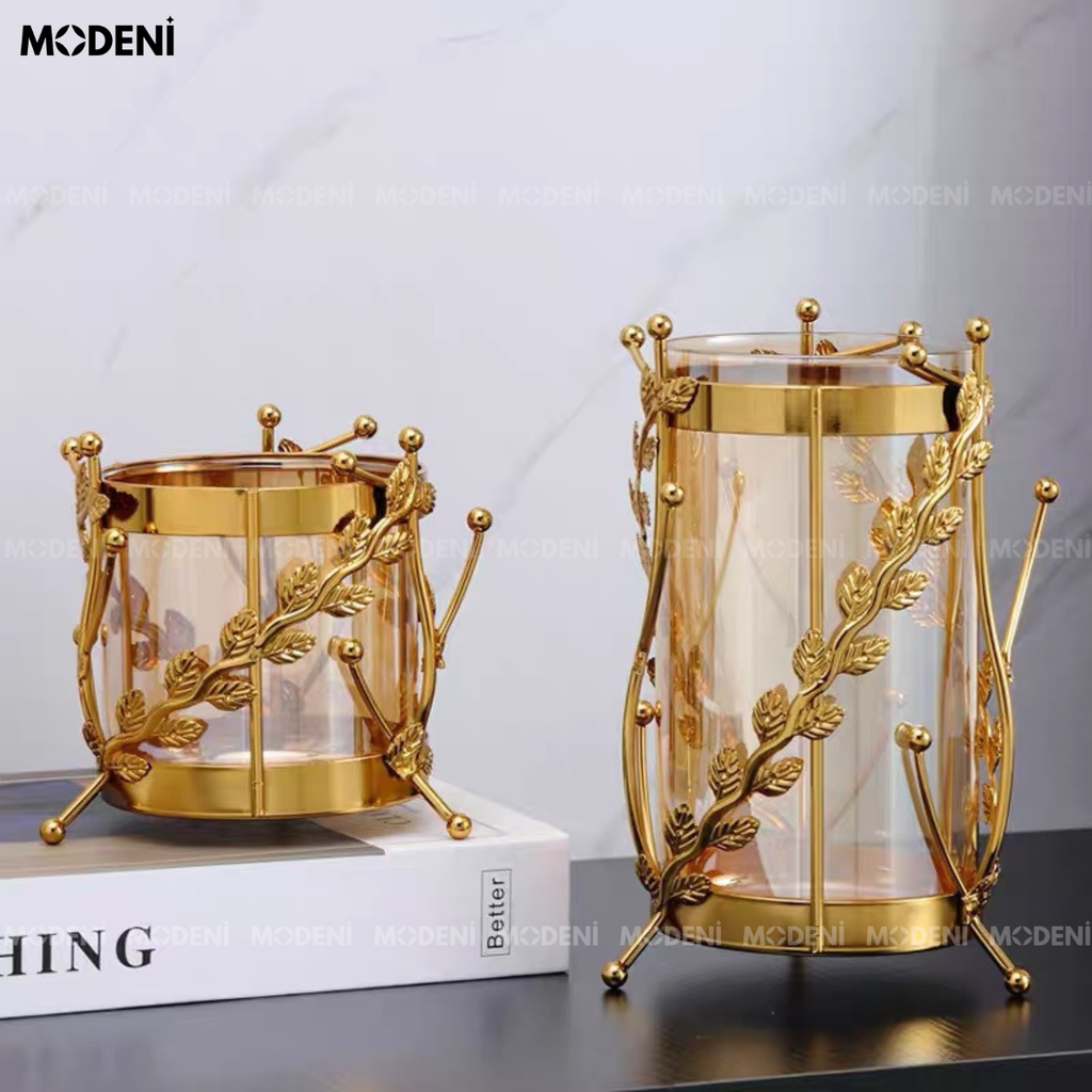 Bình Hoa Thủy Tinh Rosy Decor Sang Trọng – Phối Kim Loại Vàng – Kích Thước 20.5cm & 13cm