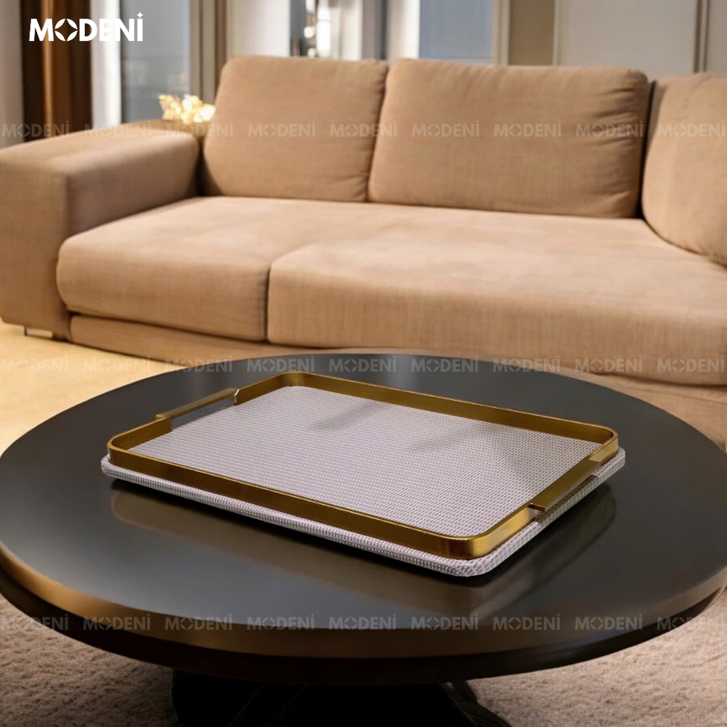 Khay Chữ Nhật Elme Xám – Khay Decor Sang Trọng Cao Cấp – Tay Cầm Mạ Vàng, Bề Mặt Vải Dệt Xám Lịch Lãm – Phù Hợp Trang Trí Bàn Sofa, Bàn Ăn, Bếp, Phòng Khách Hiện Đại