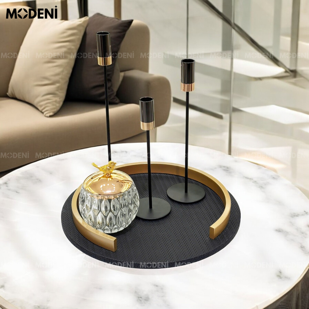 Khay Chole Hình Tròn – Decor Da & Kim Loại Vàng Sang Trọng – Thiết Kế Hiện Đại Cá Tính, Phù Hợp Bàn Sofa, Bàn Console, Không Gian Luxury