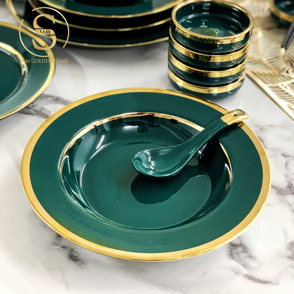 Bộ Tô Chén Đĩa Viền Vàng Nortylis Màu Xanh Emerald Gốm Sứ Cao Cấp Phong Cách Hiện Đại Châu Âu Quà Tặng Tân Gia