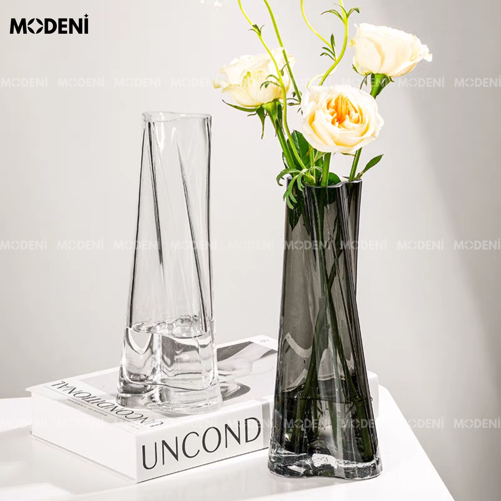 Bình Hoa Pha Lê Eclipse Cao Cấp – Màu Khói Hiện Đại, Thiết Kế Xoắn Trụ – Phù Hợp Bàn Ăn, Góc Decor Sang Trọng