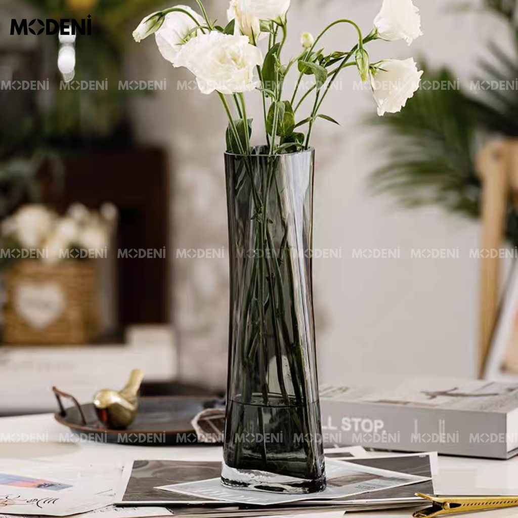 Bình Hoa Pha Lê Eclipse Cao Cấp – Màu Khói Hiện Đại, Thiết Kế Xoắn Trụ – Phù Hợp Bàn Ăn, Góc Decor Sang Trọng