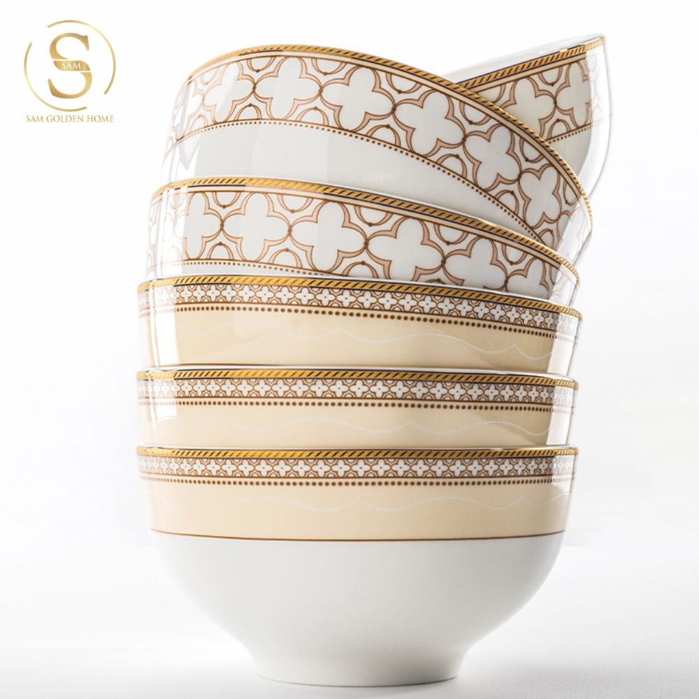 Bộ Chén Bát Đĩa 21 Món Sứ Xương Trefoil Cao Cấp Viền Vàng Sang Trọng Kiểu Âu Thời Thượng Quà Tặng Tân Gia