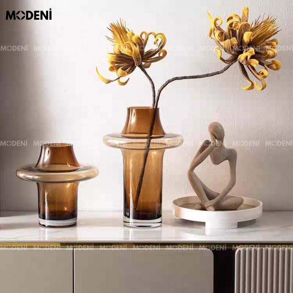 Bình Hoa Thủy Tinh Nghệ Thuật Artisan – Lọ Hoa Decor Màu Trà Hiện Đại – 2 Kích Cỡ Phù Hợp Kệ Tủ, Bàn Console