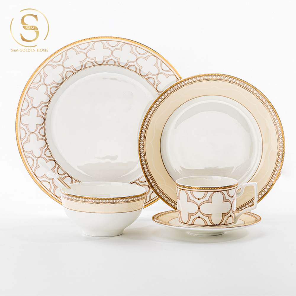 Chén Bát Đĩa Lẻ Món Sứ Xương Trefoil Cao Cấp Viền Vàng Sang Trọng Kiểu Âu Thời Thượng Quà Tặng Tân Gia