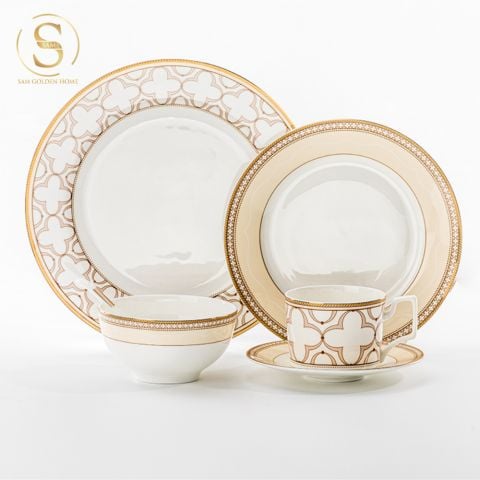  Bộ Chén Bát Đĩa 25 Món Sứ Xương Trefoil Cao Cấp Viền Vàng Sang Trọng Kiểu Âu Thời Thượng Quà Tặng Tân Gia 