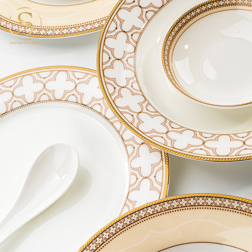 Chén Bát Đĩa Lẻ Món Sứ Xương Trefoil Cao Cấp Viền Vàng Sang Trọng Kiểu Âu Thời Thượng Quà Tặng Tân Gia