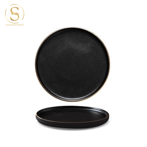 Đĩa Sứ Hasimi 20 Steak, Pasta Đen Viền Chỉ Vàng Châu Âu Phong Cách Tối Giản Minimalism 