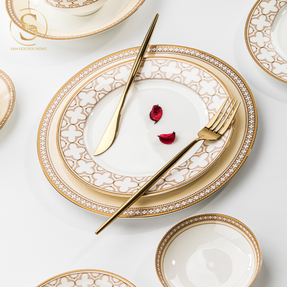 Chén Bát Đĩa Lẻ Món Sứ Xương Trefoil Cao Cấp Viền Vàng Sang Trọng Kiểu Âu Thời Thượng Quà Tặng Tân Gia
