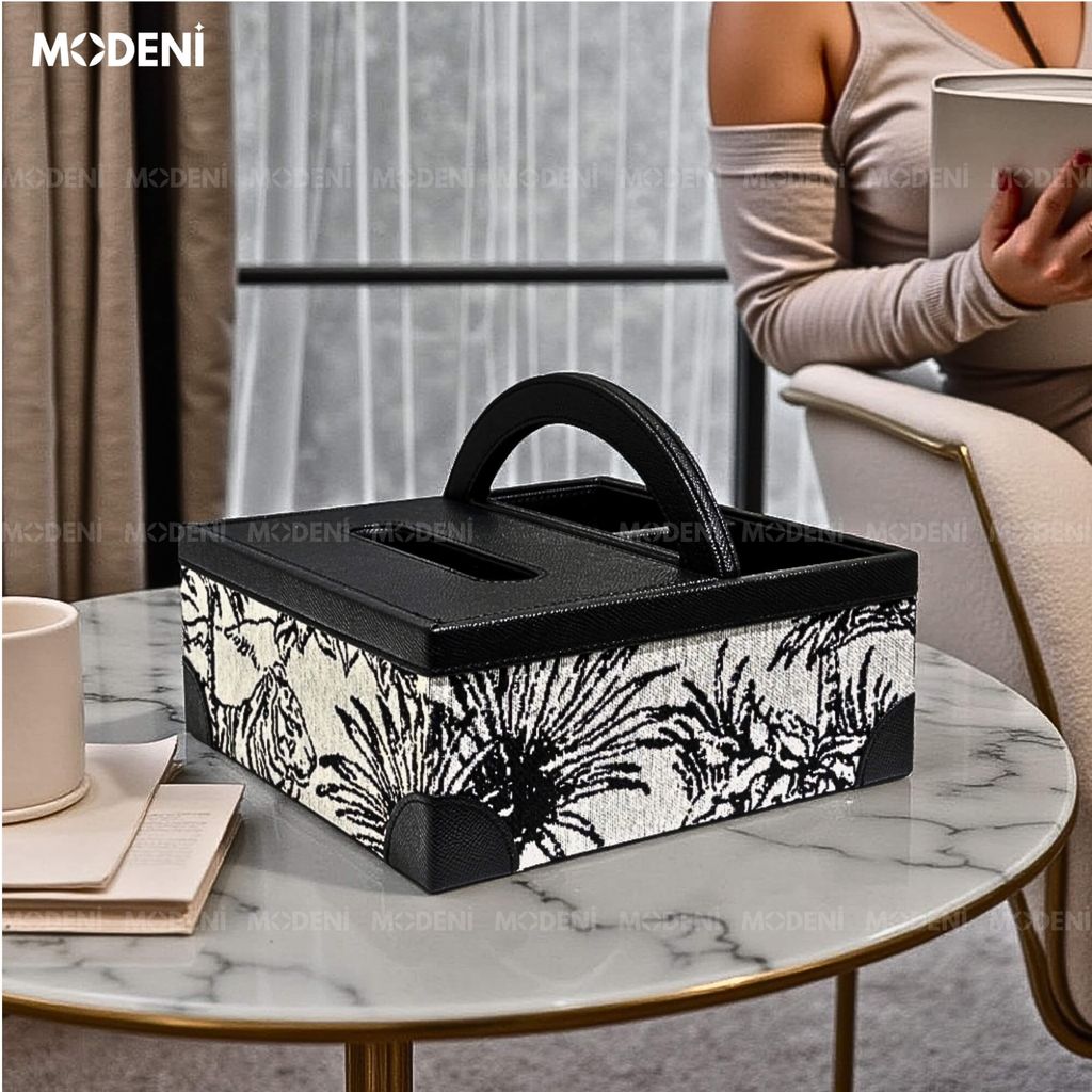 Hộp khăn giấy Kellan vải dệt họa tiết báo rừng phối da PU cao cấp phong cách hiện đại nghệ thuật cho phòng khách và văn phòng