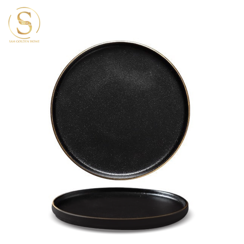  Đĩa Sứ Hasimi 25 Steak, Pasta Đen Viền Chỉ Vàng Châu Âu Phong Cách Tối Giản Minimalism 