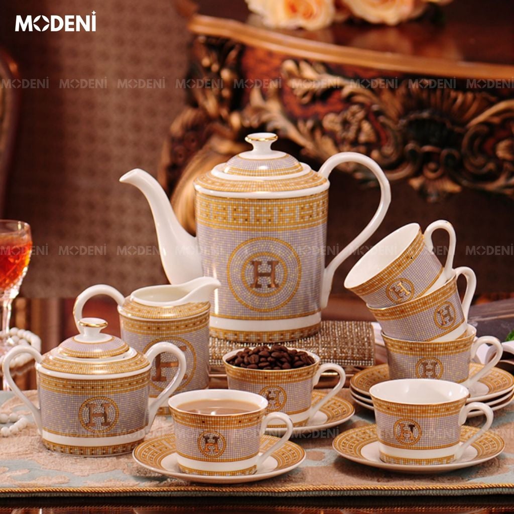 H-Paris – Bộ Trà Sứ Xương Cao Cấp Phong Cách Hoàng Gia Châu Âu – 6 Ly 6 Đĩa, Decor Biệt Thự hoặc Quà Tặng Sang Trọng