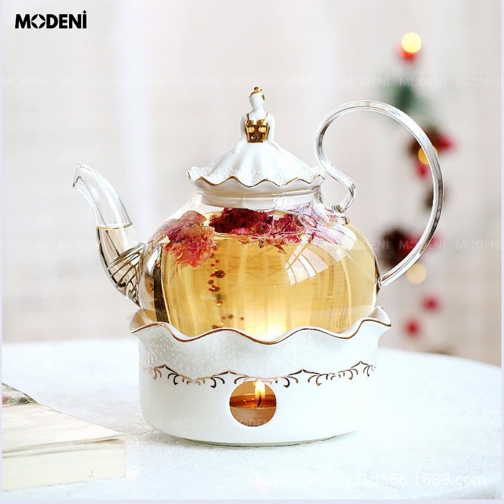 Bộ Ấm Trà Alice Sứ Tráng Men/Thủy Tinh Cao Cấp Kèm Khay Đựng Đế Nến Giữ Nhiệt Sang Trọng Phong Cách Châu Âu
