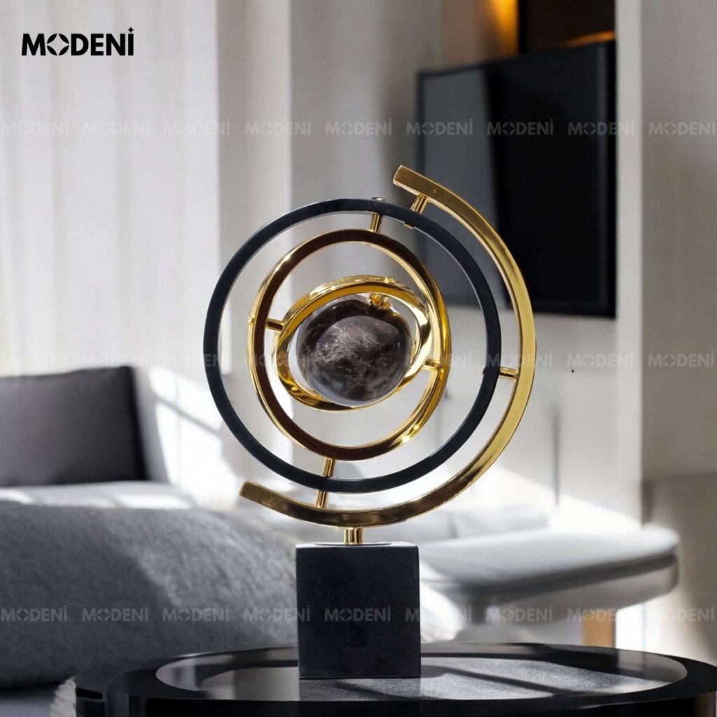 Tượng Cầu Meliora Lớn Đế Đá Cẩm Thạch Tự Nhiên – Vòng Xoắn 360 Độ – Decor Hiện Đại Sang Trọng