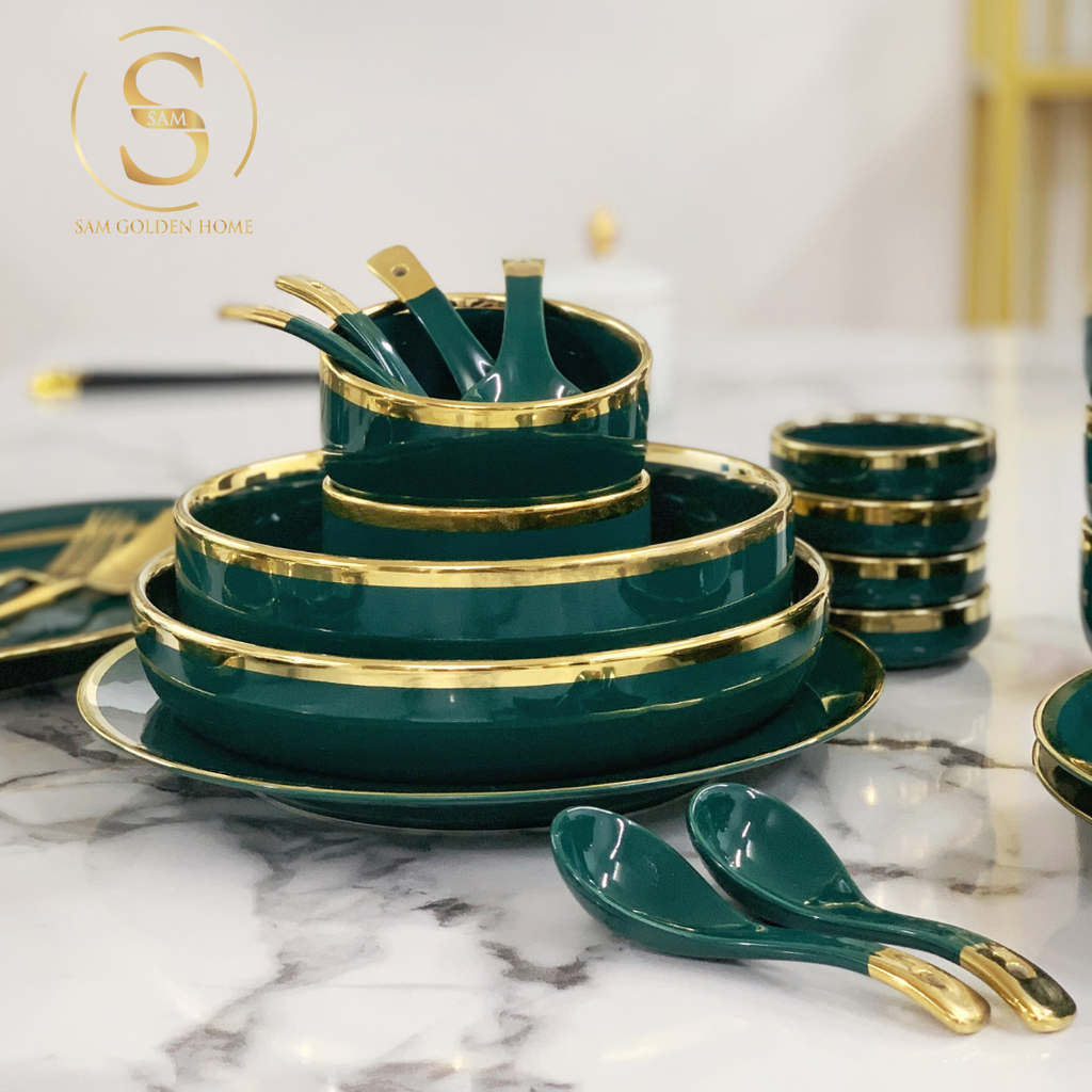 Bộ Tô Chén Đĩa Viền Vàng Nortylis Màu Xanh Emerald Gốm Sứ Cao Cấp Phong Cách Hiện Đại Châu Âu Quà Tặng Tân Gia