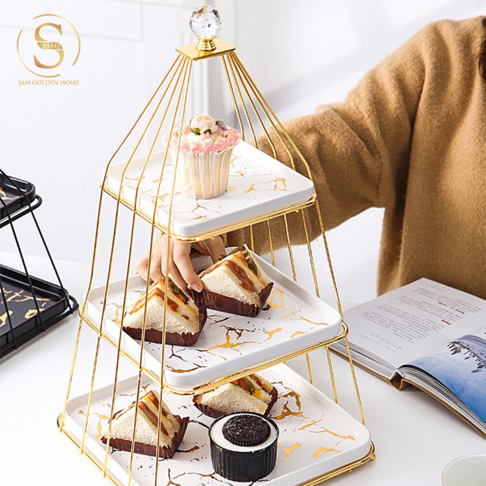 Khay 3 Tầng Bondine – Khung Vàng Đĩa Trắng Marble Sang Trọng, Decor Tiệc Trà Châu Âu