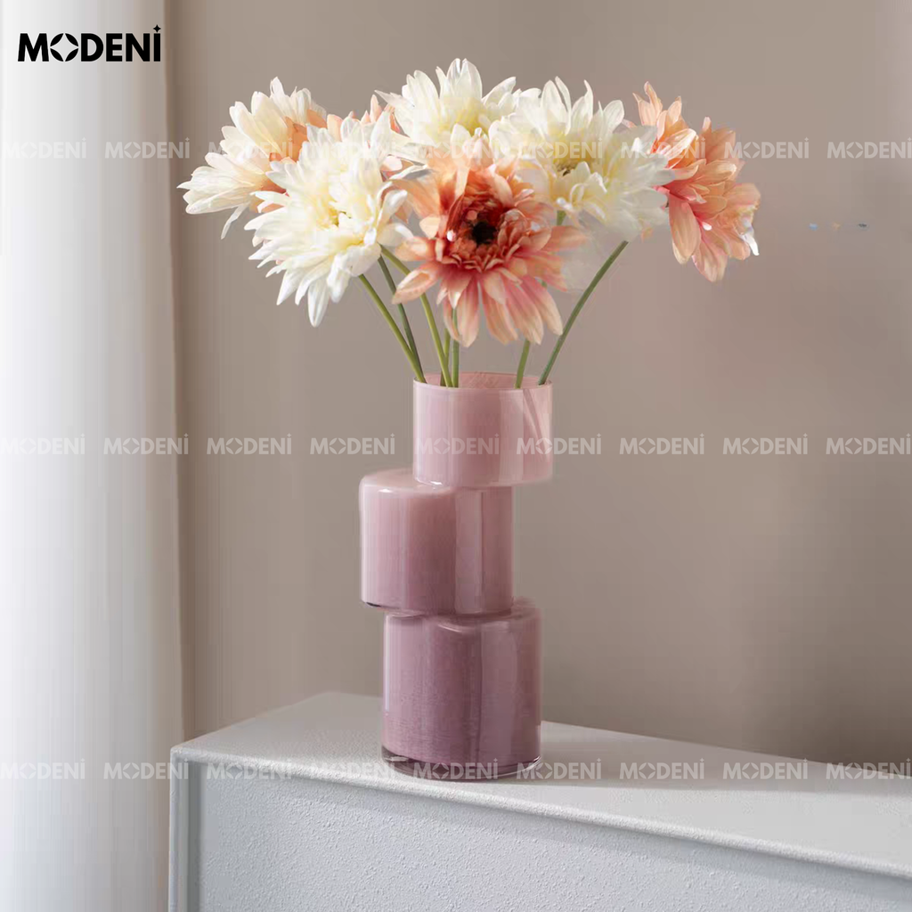 Bình Hoa Blush – Bình hoa thủy tinh hồng pastel nghệ thuật – Kiểu dáng xếp tầng hiện đại 25.5cm – Phù hợp decor bàn làm việc, kệ sách, phòng ngủ