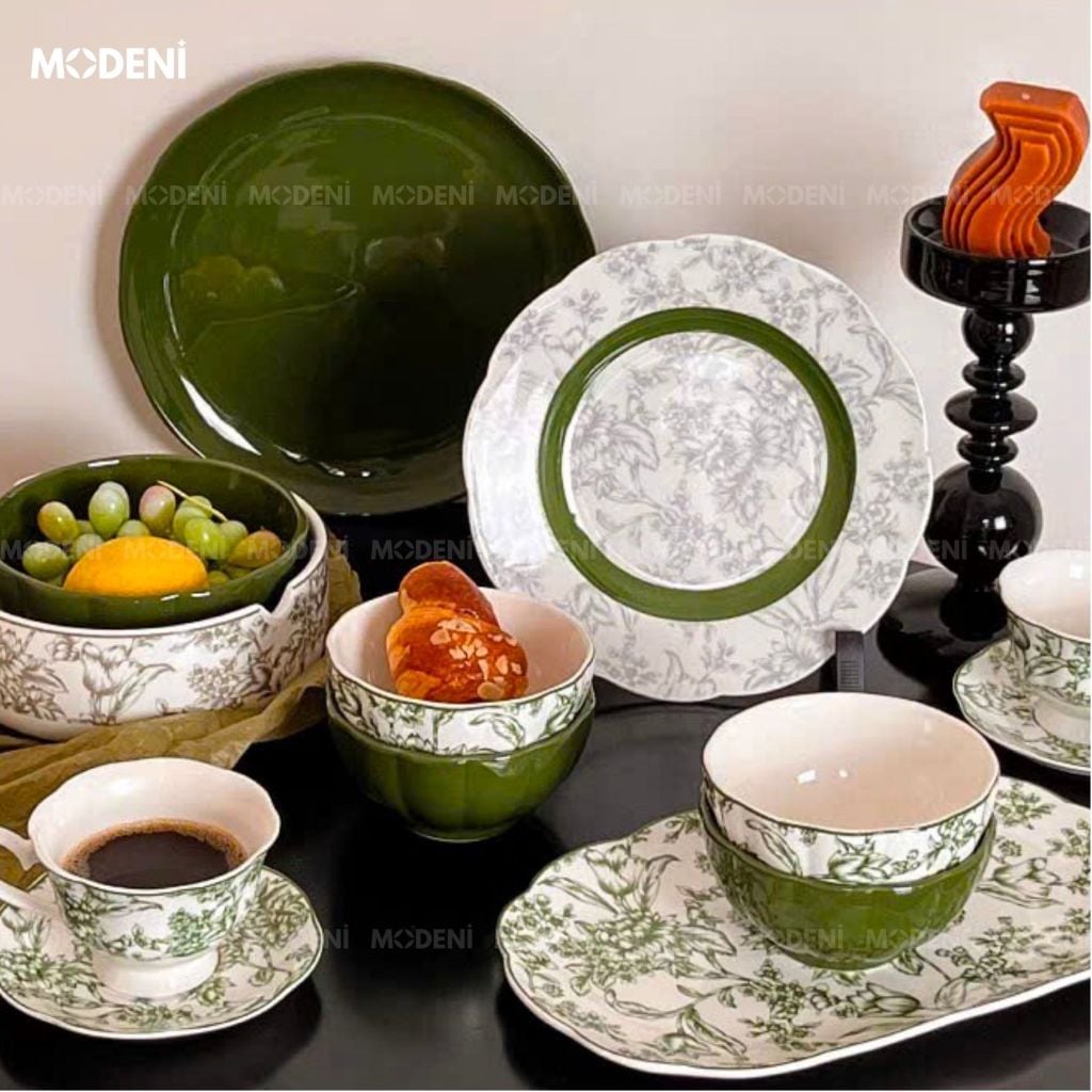 Bộ Chén Đĩa Sứ Trang Men Cao Cấp Farley – Họa Tiết Hoa Lá Trang Nhã – Dành Cho Bàn Ăn Hiện Đại, Tiếp Khách Và Quà Tặng Sang Trọng