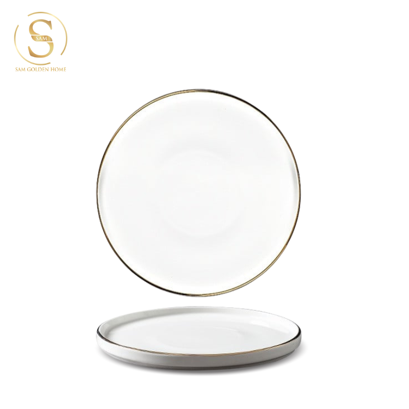Đĩa Sứ Hasimi 20 Steak, Pasta Trắng Viền Chỉ Vàng Châu Âu Phong Cách Tối Giản Minimalism