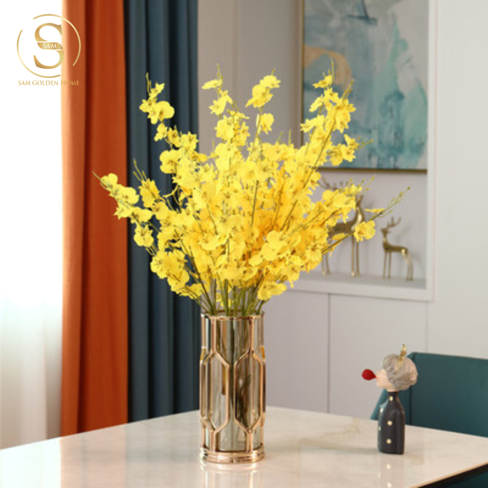 Hexagon Gold – Bình Hoa Thủy Tinh Lục Giác Ánh Vàng Hiện Đại Sang Trọng Cho Bàn Sofa & Console