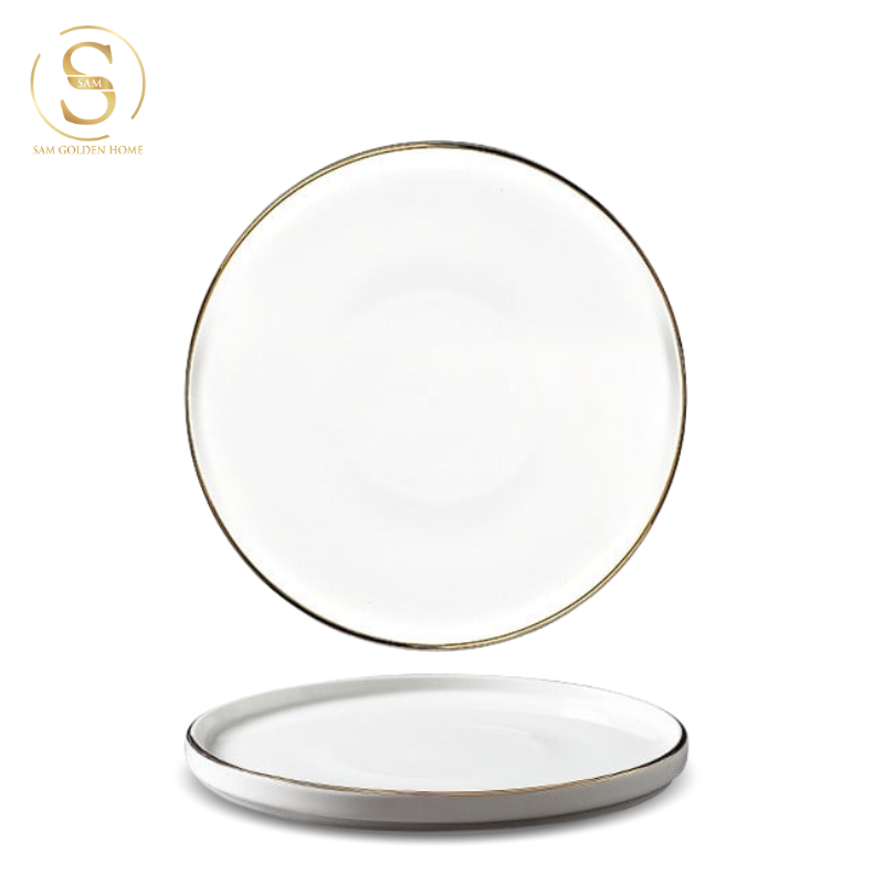 Đĩa Sứ Hasimi 25 Steak, Pasta Trắng Viền Chỉ Vàng Châu Âu Phong Cách Tối Giản Minimalism
