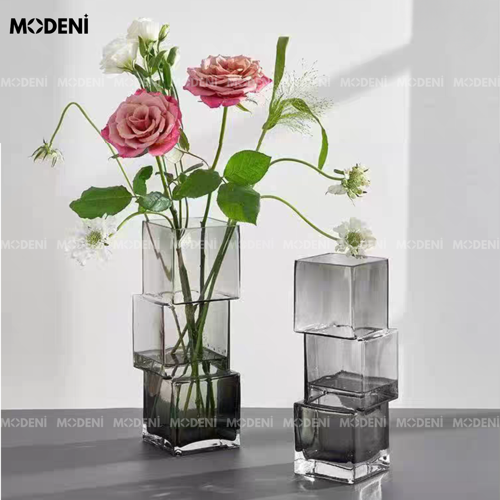 Bình Hoa Thủy Tinh Modular Cao Cấp Nghệ Thuật Xếp Lớp Lệch Tầng | Decor Bàn Console Hiện Đại