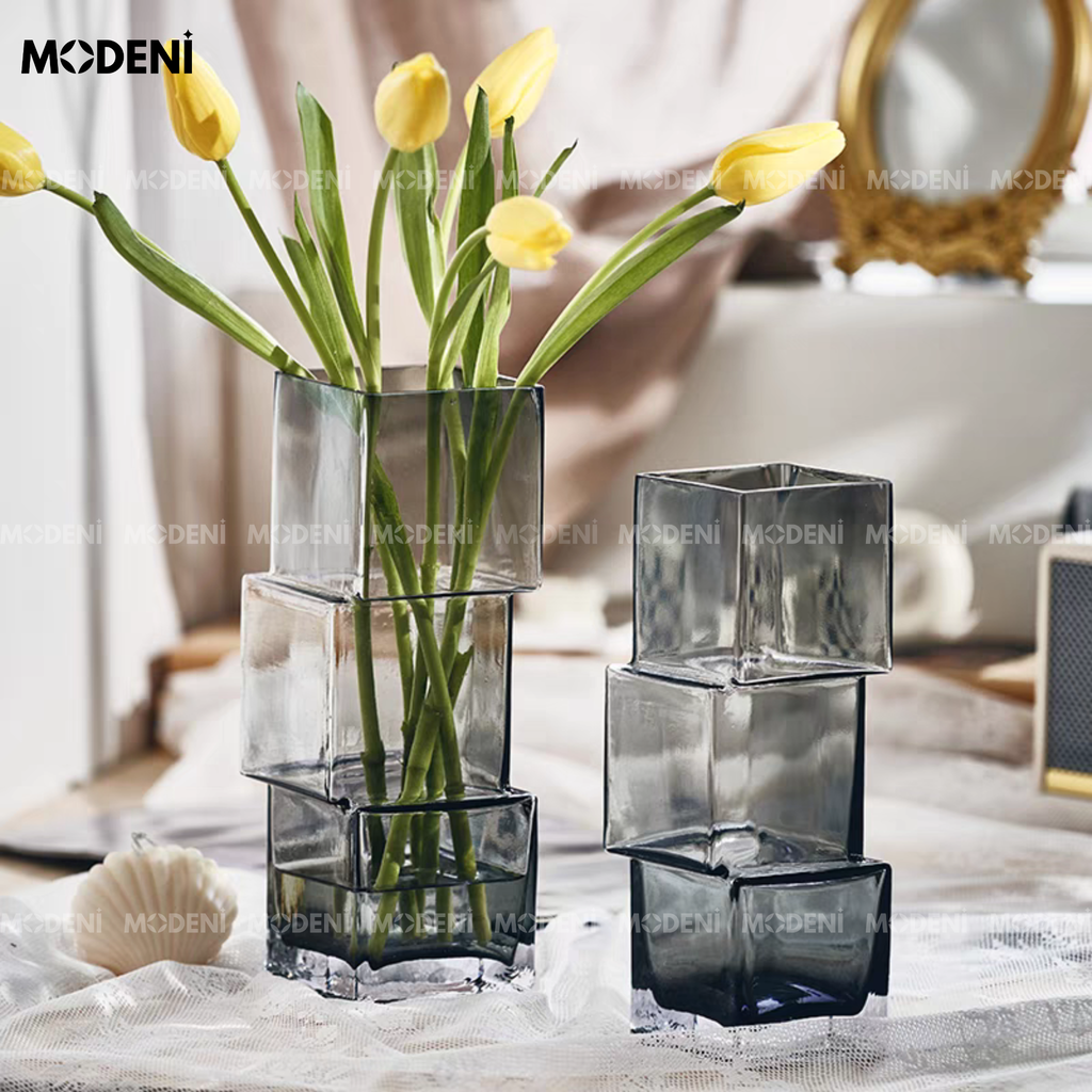Bình Hoa Thủy Tinh Modular Cao Cấp Nghệ Thuật Xếp Lớp Lệch Tầng | Decor Bàn Console Hiện Đại