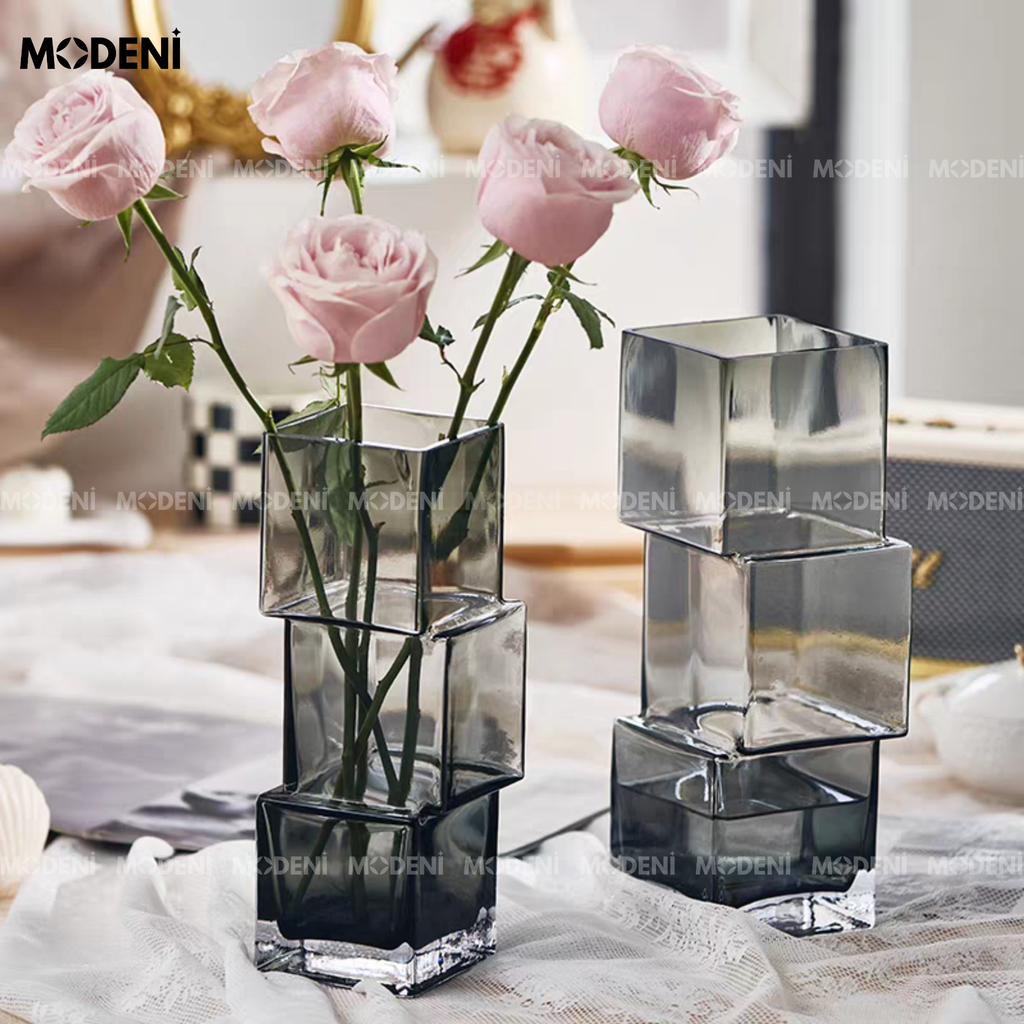 Bình Hoa Thủy Tinh Modular Cao Cấp Nghệ Thuật Xếp Lớp Lệch Tầng | Decor Bàn Console Hiện Đại