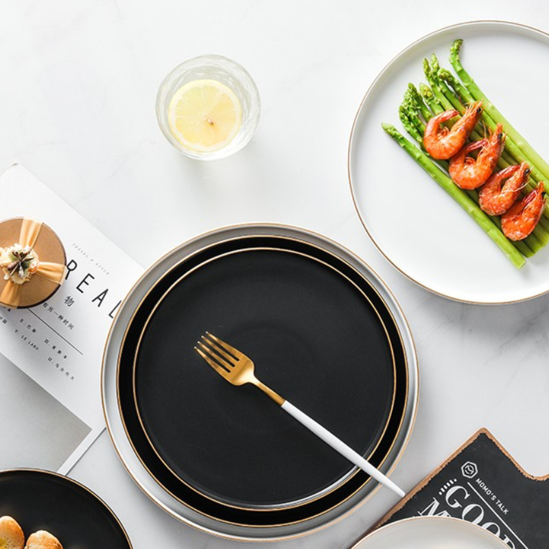 Đĩa Sứ Hasimi 20 Steak, Pasta Trắng Viền Chỉ Vàng Châu Âu Phong Cách Tối Giản Minimalism