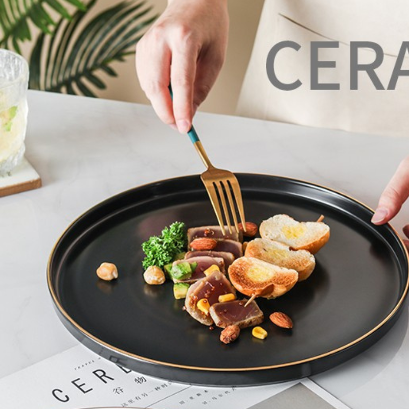Đĩa Sứ Hasimi 20 Steak, Pasta Đen Viền Chỉ Vàng Châu Âu Phong Cách Tối Giản Minimalism