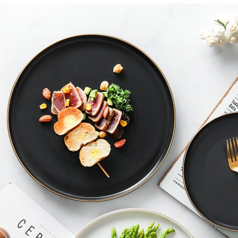 Đĩa Sứ Hasimi 25 Steak, Pasta Trắng Viền Chỉ Vàng Châu Âu Phong Cách Tối Giản Minimalism