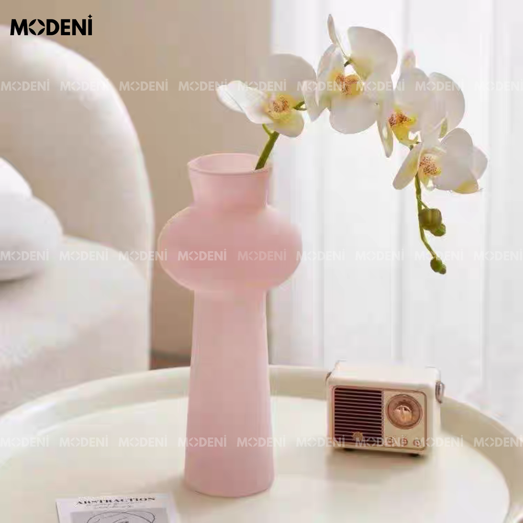 Bình Hoa Thủy Tinh Hồng Frosted Cao Cấp Mờ Lì Pastel | Dáng Eo Phình Nghệ Thuật – Decor Góc Bàn, Kệ Tủ Hiện Đại