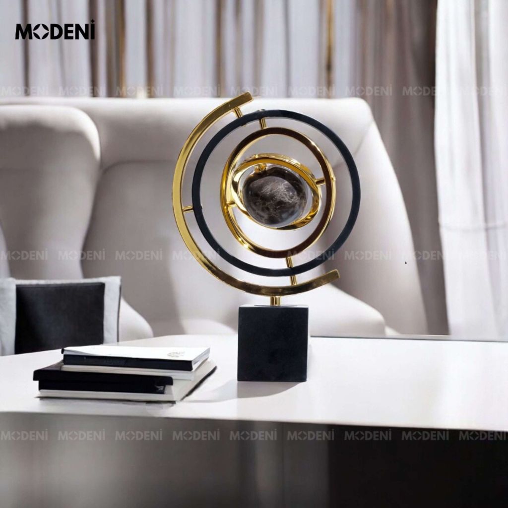Tượng Cầu Meliora Lớn Đế Đá Cẩm Thạch Tự Nhiên – Vòng Xoắn 360 Độ – Decor Hiện Đại Sang Trọng