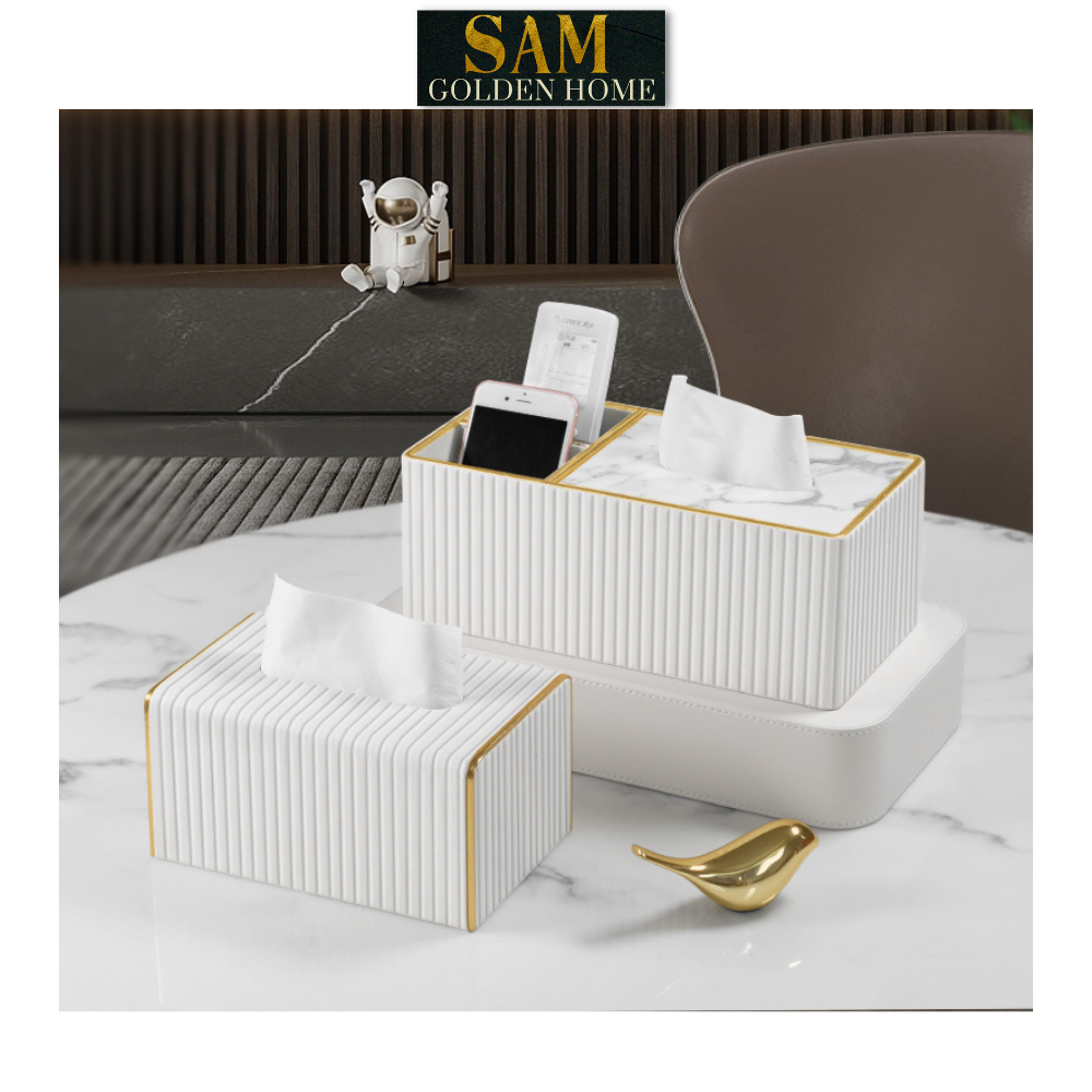 Hộp Đựng Khăn Giấy Sofie Để Bàn Trắng Mạ Vàng Chống Thấm Nước Hiện Đại Sang Trọng Phong Cách Hàn Quốc