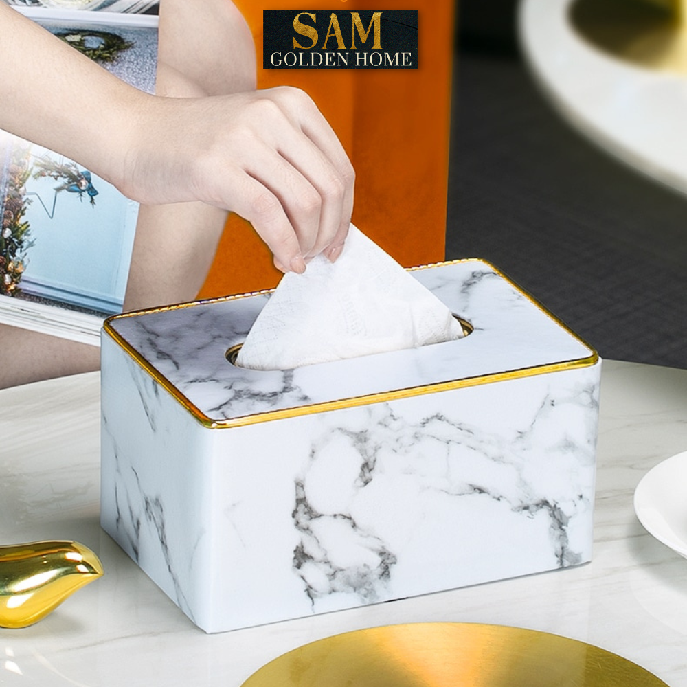 Hộp Đựng Khăn Giấy Sapi Trang Trí Bàn Ăn Da Vân Đá Marble Viền Vàng Gold Sang Trọng Màu Trắng