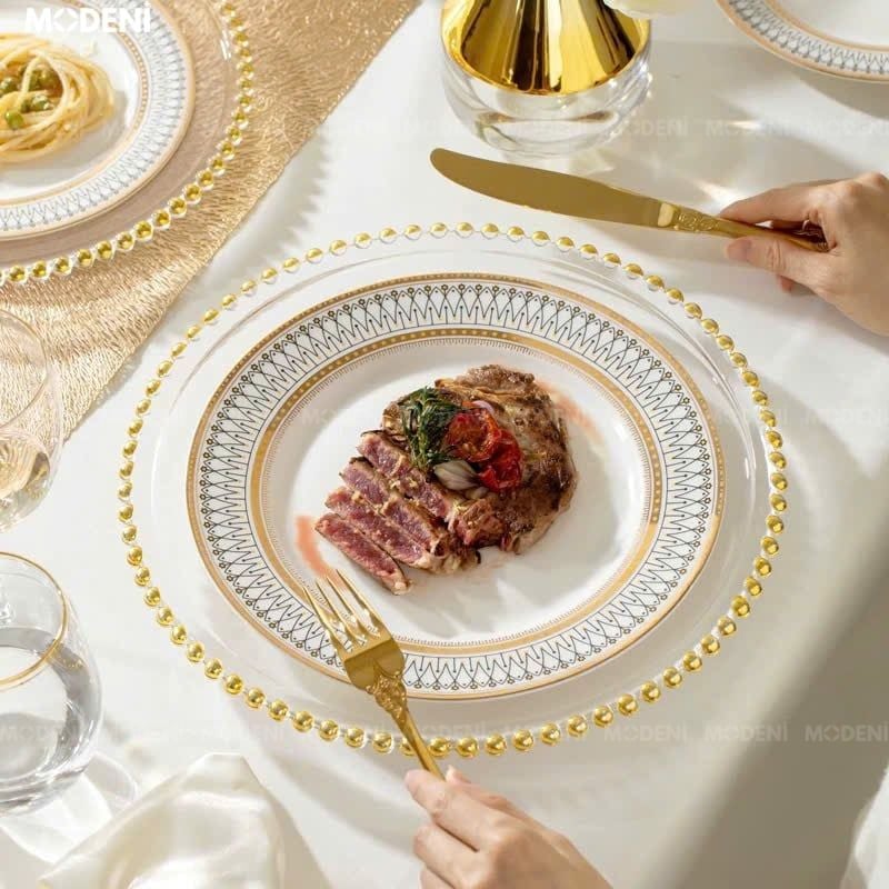 Bộ chén đĩa Aura sứ cao cấp 21 món – họa tiết viền vàng đen tinh xảo – dùng được lò vi sóng, bàn ăn hiện đại