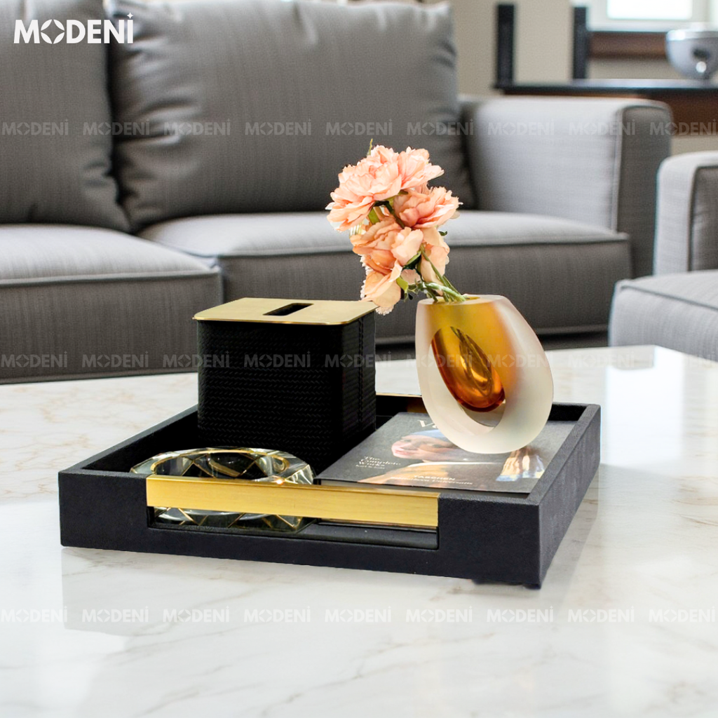 Khay Da Nova – Khay Decor Cao Cấp Sang Trọng – Tay Cầm Mạ Vàng Đẳng Cấp – Phù Hợp Trang Trí Bàn Sofa, Console, Phòng Khách Hiện Đại