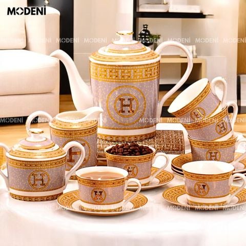 Bộ trà sứ xương cao cấp H-Paris họa tiết mosaic viền vàng ánh kim sang trọng